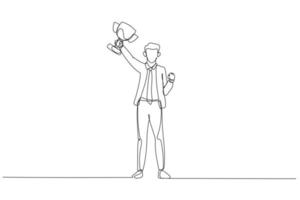 Drawing of businessman gesturing fists up holding gold cup winning and success. Single continuous line art style vector