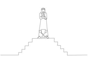 Drawing of arab businessman on top of the stairs being a winner with trophy. One line art style vector