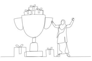 Drawing of muslim businesswoman with big winner cup happy with achievement. Single line art style vector