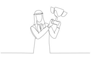 Cartoon of arab businessman raising trophy metaphor of success. Single line art style vector