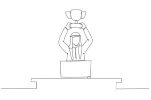 Drawing of arab businessman in office holding a trophy showing achievement. One line style art vector