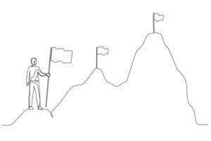 Cartoon of businessman climbing up mountains concept of business development. One line art style vector