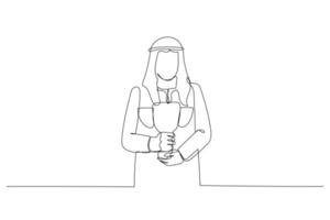 Drawing of arab businessman standing with trophy in hand flexing for success. One line art style vector