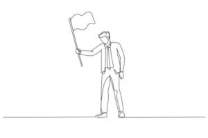 Drawing of sad businessman waving white flag metaphor of surrender and give up. Continuous line art vector