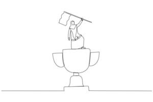 Illustration of muslim woman enterpreneur winner raising flag on winning trophy concept of victory. Single continuous line art style vector