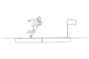 Cartoon of arab businessman run on progress bar to achieve success flag concept of progress. One line art style vector