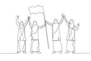 Drawing of muslim woman enterpreneur raising flag reaching top and success. Single continuous line art style vector