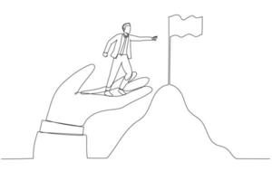 Illustration of businessman stand on giant helping hand to reach top of mountain target flag. Single line art style vector