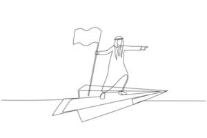 Cartoon of arab man flying with paper plane concept of discovery. Single continuous line art style vector