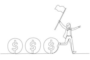Drawing of businesswoman leader holding flag control flow of money concept of cash flow. Single line art style vector