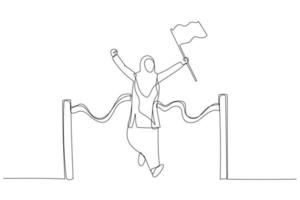 Cartoon of muslim business woman holding number flag first place in finish line. Single line art style vector