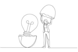 Cartoon of businesswoman entrepreneur discover hatching egg with lightbulb idea inside. New creative idea. Continuous line art style vector