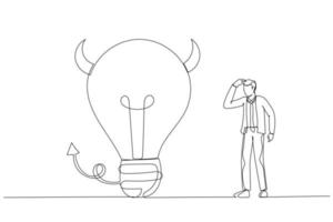 Cartoon of businessman looking at devil lightbulb doubting it bad idea. Stupid mistake or poor idea. One line art style vector