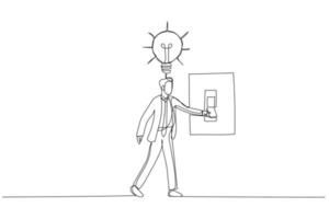 Cartoon of businessman climbing ladder built from pencil to find lightbulb concept of searching idea. Single line art style vector