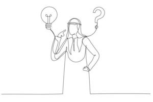 Illustration of arab businessman think of solution to solve problem with lightbulb and question mark. Solution to solve problem. Single line art style vector