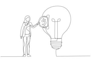 Drawing of businesswoman putting dollar coin into slot in light bulb. Investing concept. Single line art style vector