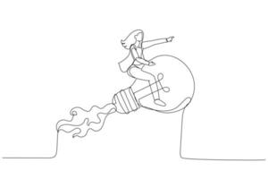 Cartoon of businesswoman leader riding flying bright lightbulb lamp with rocket booster in the cloud sky. Creative new idea. Single line art style vector
