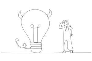 Drawing of arab businessman looking at devil lightbulb doubting it bad idea. Stupid mistake or poor idea. Single continuous line art style vector