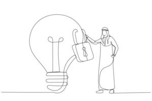 Cartoon of arab businessman owner standing with light bulb idea locked with padlock for patents. Intellectual property. Single line art style vector