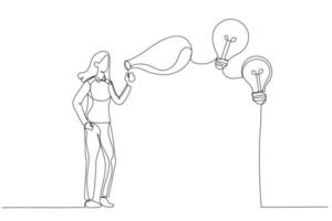 Cartoon of businesswoman blowing soap bubble into innovation bright light bulb ideas metaphor of creativity. Single continuous line art style vector