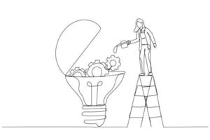 Cartoon of businesswoman drop lubricant or grease into mechanical gears lightbulb  concept of creativity. Single line art style vector