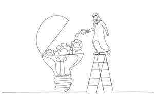 Drawing of arab muslim businessman drop lubricant or grease into mechanical gears lightbulb  concept of creativity. Continuous line art vector