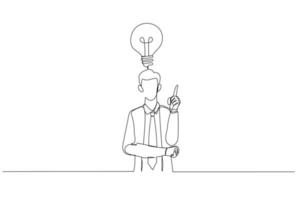 Cartoon of amazed businessman pointing finger up expressing wow eureka. One line style art vector