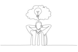 Cartoon of businessman sitting in office chair in front of a wall with cloud thought. Single line art style vector