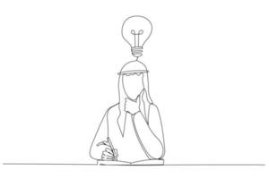 caricatura de un hombre de negocios árabe pensando en ideas productivas sentado en una laptop y un bloc de notas para notas. estilo de arte de una línea vector