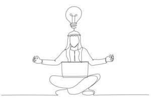 dibujo de un hombre de negocios árabe de yoga en total concentración con una laptop. estilo de arte de una línea vector