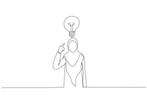 Cartoon of muslim businesswoman pointing to head with one finger found and remember idea. One line style art vector