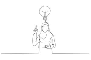 Illustration of astonish muslim businesswoman finally found a solution how to make exercise having raised pen and notebook in hands. Single continuous line art vector