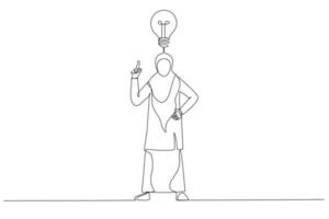 Illustration of muslim businesswoman with light bulb metaphor for innovation and inspiration. One line art style vector