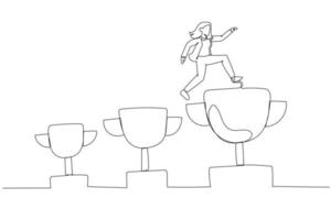 Drawing of businesswoman jumping from small win trophy to get bigger one goal. Single line art style vector