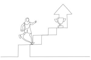 Illustration of muslim businesswoman walking up staircase with rising arrow into high sky to find winning trophy. One line art style vector