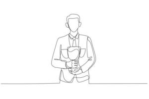 Illustration of businessman standing with trophy in hand flexing for success. Single continuous line art style vector