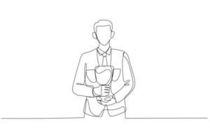 Illustration of businessman standing with trophy in hand flexing for success. Single continuous line art style vector