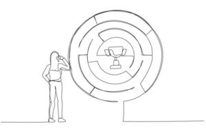 Drawing of businesswoman finding the way in labyrinth to reach path to success. One line style art vector