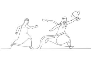 Cartoon of arab businessman get to the finish line winning fierce competition. Single line art style vector