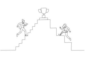 Cartoon of businesswoman going up the stairs towards the trophy at the top. One line art style vector