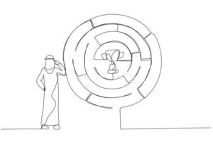 Drawing of arab businessman finding the way in labyrinth to reach path to success. Continuous line art vector