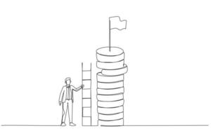 Cartoon of businessman climbs a ladder to get a flag atop of huge money profit. One line style art vector