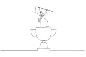 Illustration of arab businessman winner raising flag on winning trophy concept of victory. Single continuous line art style vector
