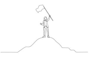 Cartoon of businesswoman and flag on top mountain metaphor for achievement. One line style art vector