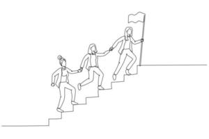 Illustration of businesswoman team walking up staircase, holding hands with raised flag. Single line art style vector