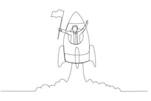 Cartoon of businessman with flag on a rocket ship launching. One line art style vector