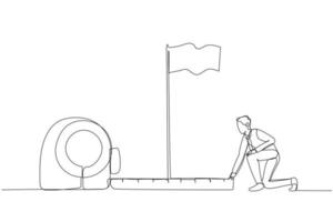 Drawing of businessman using measuring tape to analyze distance from target flag. Single continuous line art style vector