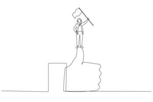 Cartoon of businesswoman climb up ladder of success to the top holding winning flag metahpor of great job. Single continuous line art style vector