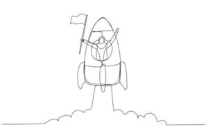 Cartoon of muslim business woman with flag on a rocket ship launching. Single line art style vector