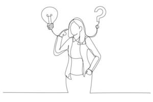 Illustration of businesswoman think of solution to solve problem with lightbulb and question mark. Solution to solve problem. One continuous line art style vector